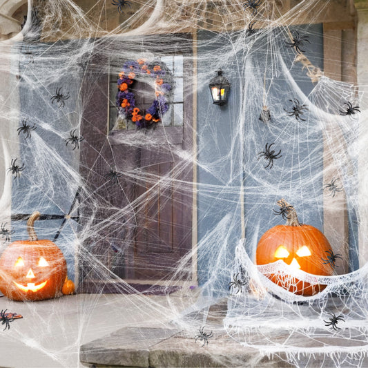 Seasons Spider Web Halloween Decoration, Super Stretch Cobwebs with 4 Plastic Spiders for Halloween Indoor and Outdoor Decor, for 200 Sq. Ft. Use