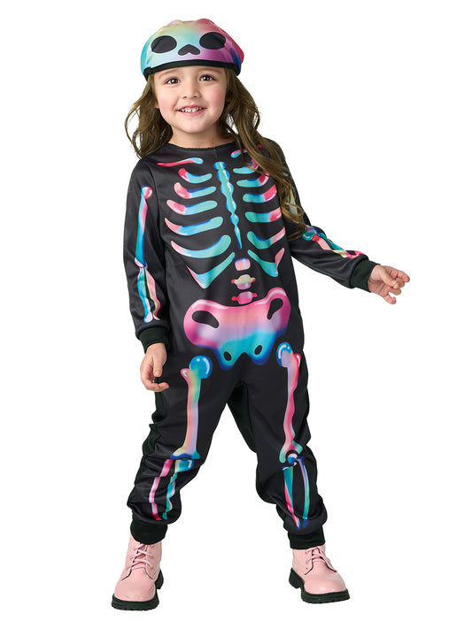 Seasons Rainbow Skeleton Costume with Hat for Toddler 2-4T, Black-Light Responsive, Halloween Cosplay Costume (Girls)